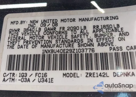 2009 Toyota Corolla Xle from USA, damaged, VIN 1NXBU40E29Z103776